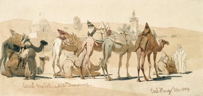 Kamelmarked utenfor Damaskus, 1859 (blyant og vask på papir) av Carl Haag