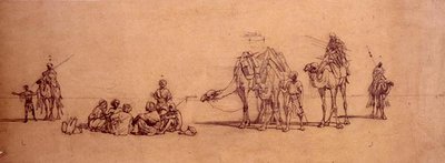 Figurer og kameler i ørkenen (blyant på kalkerpapir lagt på kort) av Carl Haag