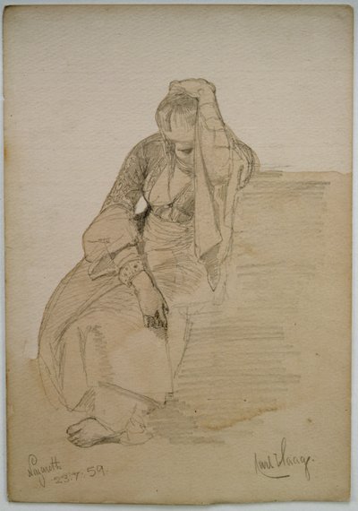 Studie av en sittende dame, Nasaret, 1859 (blyant og wc-vask på papir) av Carl Haag