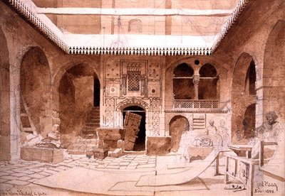 Chan Chaleel Carpet Bazaar i Kairo, 1858 (blyant og brun vask på papir) av Carl Haag