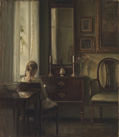 Interiør med en jente som leser av Carl Holsoe