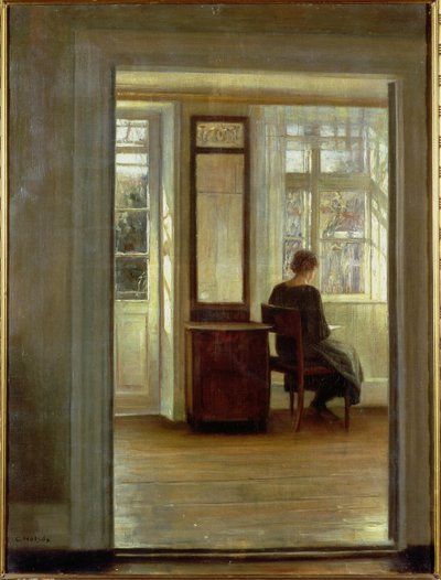 En dame i et interiør (olje på lerret) av Carl Holsoe