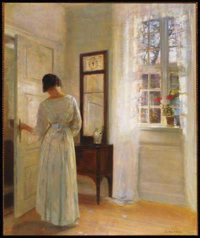 En dame som ser i et speil ved en åpen dør (olje på lerret) av Carl Holsoe