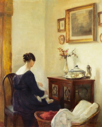 En mor og et barn i et interiør (olje på lerret) av Carl Holsoe