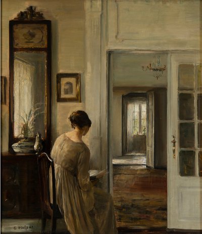 Foredrag. La femme du peintre - Lesing. Malerens kone - Carl Holsoe (1863-1935). Olje på lerret Dimensjon : 58x52 cm Privat samling av Carl Holsoe