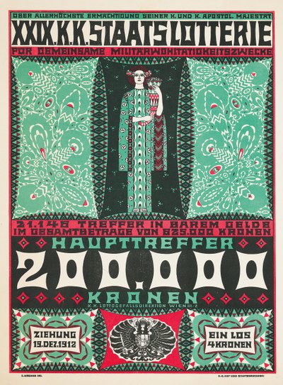 Plakat som annonserer det 24. kongelige østerrikske veldedighetslotteriet i 1912 av Carl Krenek