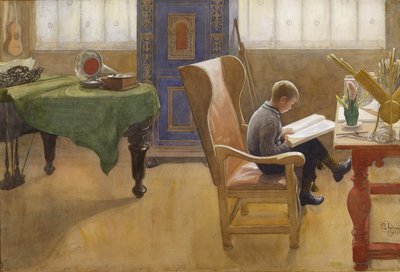 Esbjørn i studiehjørnet, 1912 (wc på papir) av Carl Larsson