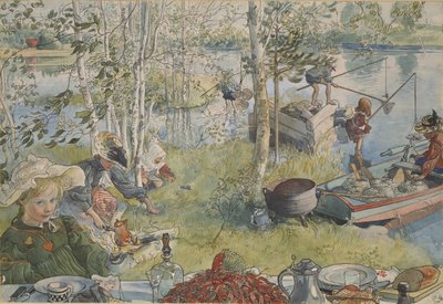 La peche aux ecrevisses - krepsefiske, av Larsson, Carl (1853-1919). Akrylfarger på papir. Mål: 32x43 cm. Nationalmuseum Stockholm av Carl Larsson