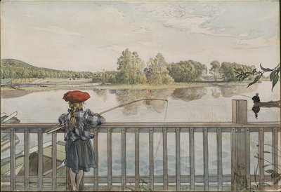 Lisbeth a la peche a la ligne - Lisbeth Angling, av Larsson, Carl (1853-1919). Akvarell og tempera på papir. Mål: 32x43 cm. Nationalmuseum Stockholm av Carl Larsson