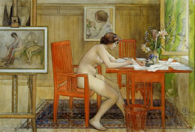 Modellen som skriver et postkort av Carl Larsson