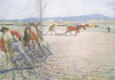 De to mennene med harvene jobbet metodisk frem og tilbake av Carl Larsson