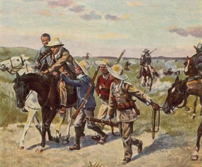 Hendrik Witbois dødelige sår i slaget ved Fahlgras, 29. oktober 1905 (forbedret fargelitografi) av Carl Ludwig Friedrich (after) Becker