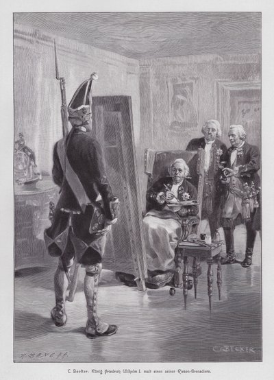Kong Frederick William I av Preussen maler en grenader av hans Potsdamer Riesengarde (Giant Guard of Potsdam) (gravering) av Carl Ludwig Friedrich (after) Becker