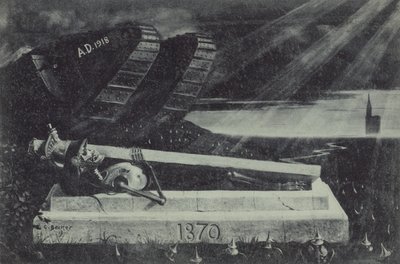 En alliert kampvogn fra første verdenskrig passerer graven til en fransk kavalerisoldat fra den fransk-prøyssiske krigen. (litho) av Carl Ludwig Friedrich Becker