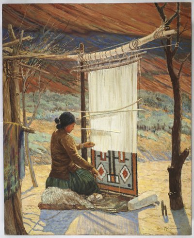 Navaho Weaver, Canyon de Chelly, Navaho Reserve (olje på lerret montert på panel) av Carl Moon