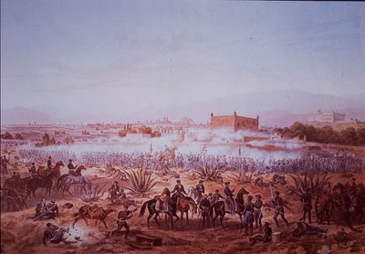 Meksikansk-amerikansk krig (1846–48), slaget ved Molino del Rey, amerikanske tropper angriper av Carl Nebel