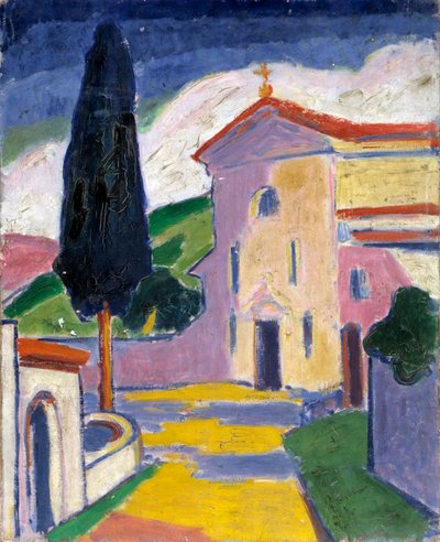 Kirke med sedertre til venstre, før 1932. av Carl Newman