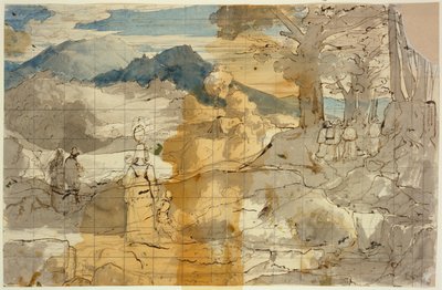 Landschaft bei Rocca Canterano mit einer Frau mit Kindern, Hirten und Pilgern av Carl Philipp Fohr