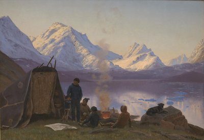 En grønlandsk bosetning ved en fjord. Sommer av Carl Rasmussen