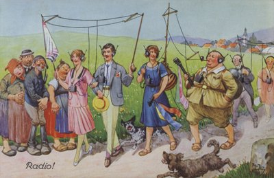 Comic portrayals of early radio (colour litho) av Carl Robert Arthur Thiele