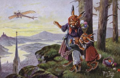 Kaniner som diskuterer et fly (farge litho) av Carl Robert Arthur Thiele