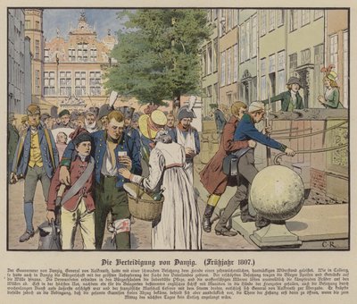 Sivile som hjalp prøyssiske sårede under forsvaret av Danzig, våren 1807 (farge litho) av Carl Röchling