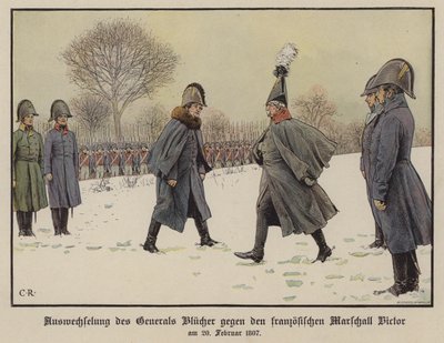 Utveksling av fangede prøyssiske og franske feltmarskalker Gebhard Blucher og Claude Victor-Perrin, 20. februar 1807 (farge litho) av Carl Röchling