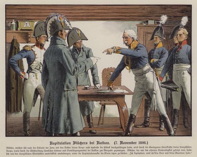 Feltmarskalk Blucher overga seg til franskmennene ved Katekau, 7. november 1806 (farge litho) av Carl Röchling