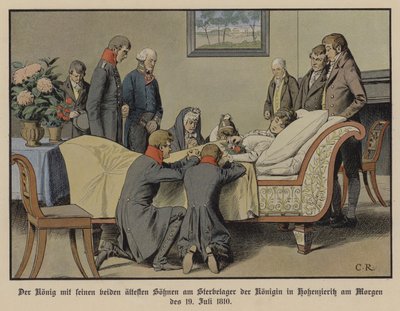 Kong Frederick William III av Preussen og hans to eldste sønner ved siden av dødsleiet til dronning Louise om morgenen 19. juli 1810 (farge litho) av Carl Röchling
