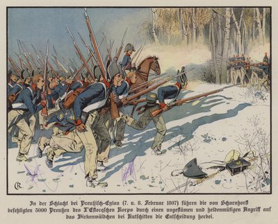 Preussisk infanteri angriper i slaget ved Eylau, 7.–8. februar 1807 (farge litho) av Carl Röchling