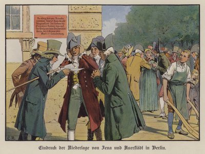 Effekten av nyhetene om Preussens nederlag i slaget ved Jena-Auerstadt på gatene i Berlin (farge litho) av Carl Röchling