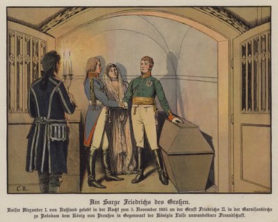 Tsar Alexander I av Russland besøker graven til Fredrik den store i Potsdam sammen med kong Frederick William III og dronning Louise av Preussen og sverget hans urokkelige vennskap, 5. november 1805 (farge litho) av Carl Röchling