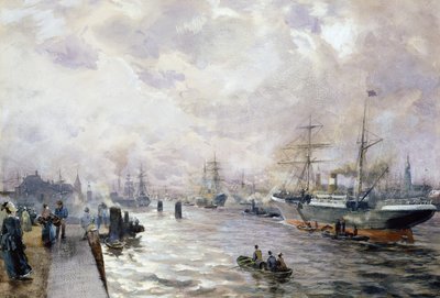 Seilskip i havnen i Hamburg, 1889 (wc og gouache på papir) av Carl Rodeck