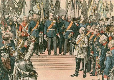Wilhelm I, konge av Preussen og første tyske keiser (1797-1888), er anerkjent som keiseren av det nylig forente tyske riket ved Versailles-traktaten i 1871 av Carl Rohling