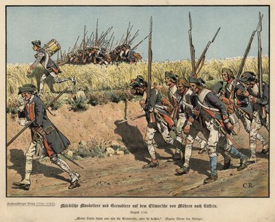 Prøyssiske musketerer og grenaderer på marsj fra Mahren til Kustrin av Carl Röchling