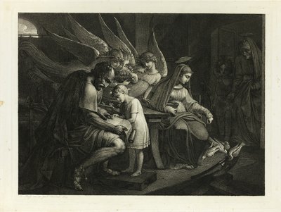 Den hellige familie opptatt hjemme: Joseph lærer gutten Jesus å lese. Mary mater duene. Elizabeth kommer inn i rommet med John av Carl Russ
