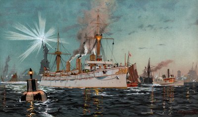 Keiserinne Augusta forlater New York, kromo-litografi av C. Saltzmann 95, nr13 fra G. Wislicenus, Unsre Kriegsmarine. av Carl Saltzmann