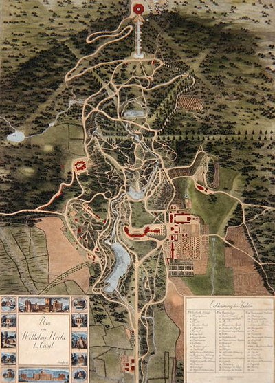 Plan av Wilhelmshohe nær Kassel (farget etsning) av Carl Schaeffer