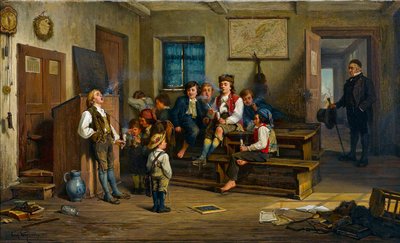 Den forbudte frukten (i et klasserom røyker skolebarn pipe) - Den forbudte frukten - Carl Bernhard Schloesser (1832-etter 1914). olje på lerret av Carl Schlosser