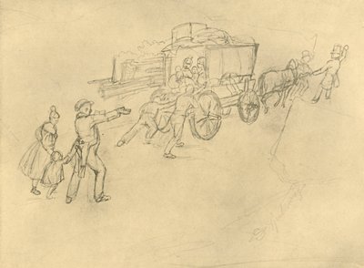 The Thespian Actor Travelling, midten av slutten av 1800-tallet, ca 1924. av Carl Spitzweg