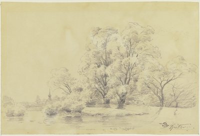 Landskap med trær ved vannet, i det fjerne tårnet på en landsbykirke av Carl Spitzweg