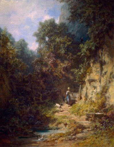 Jente med en geit, som en jeger vinker til av Carl Spitzweg
