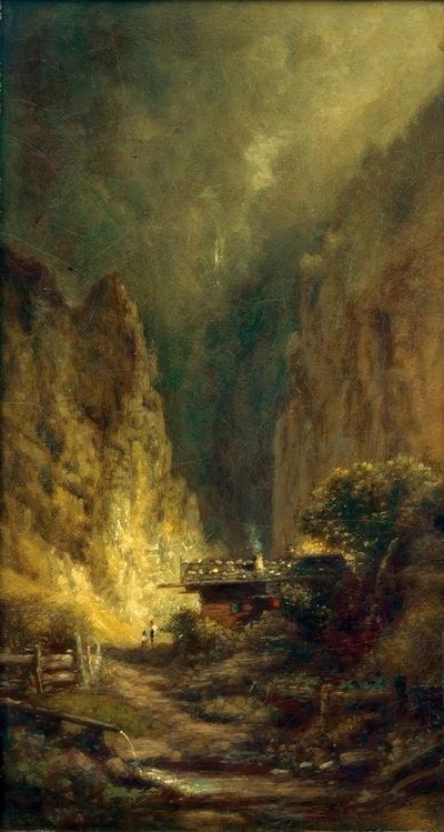 Kvern foran en steinete kløft med to figurer av Carl Spitzweg