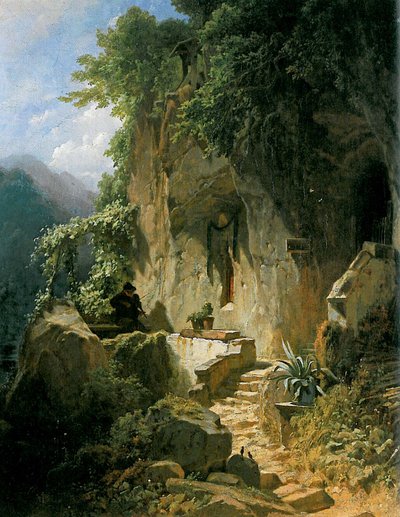 Musikkskapende eremitt foran rockememitaten av Carl Spitzweg