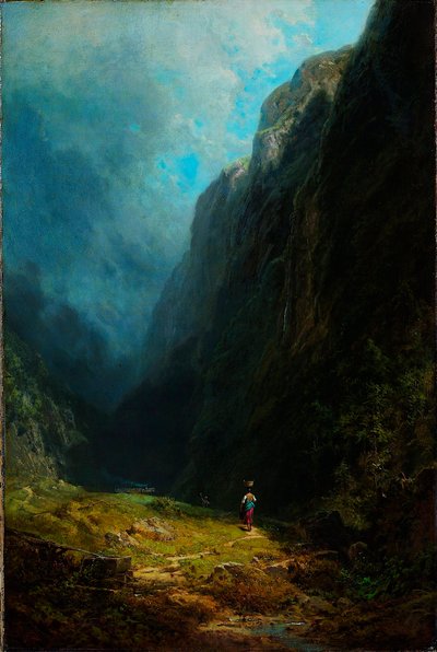 ""Paysage de haute vallee alpine"" Vue du mont Wendelstein Allemagne (In the Alpine High Valley Landscape with Mount Wendelstein) Peinture de Carl Spitzweg (1808-1885) Olje på lerret vers 1871 Dim 88,5x59 cm Museum Kunstpalast, Dusseldo av Carl Spitzweg