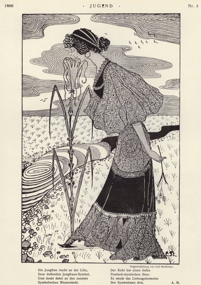 Kvinne lukter en blomst (litho) av Carl Strathmann