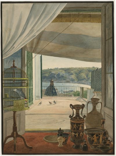 Antikviteter ved en balkong med utsikt over Napolibukten av Carl Wilhelm Götzloff