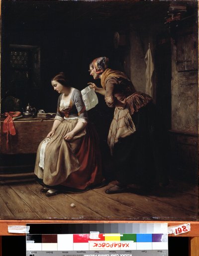""Brevet"" (Et brev) En tjener bringer et brev til en ung jente i fortvilelse. Maleri av Carl Wilhelm Hubner (1814-1879) 1800-tallets Far Eastern Art Museum, Khabarovsk, Russland av Carl Wilhelm Hübner