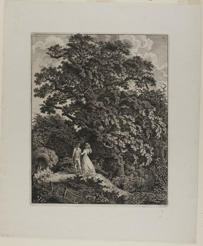 Skoglandskap med et elegant par som går under en eik av Carl Wilhelm Kolbe, the elder