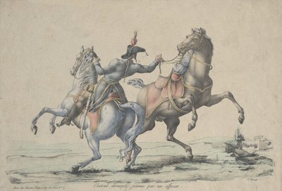 En avmontert hest tøylet inn av en offiser, 1770-1836. av Carle Vernet